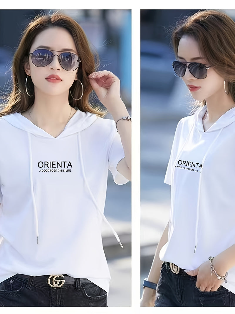 Summer New Korean Version Loose Short Sleeve Thin Trendy Printed Hooded T-Shirt for Women.