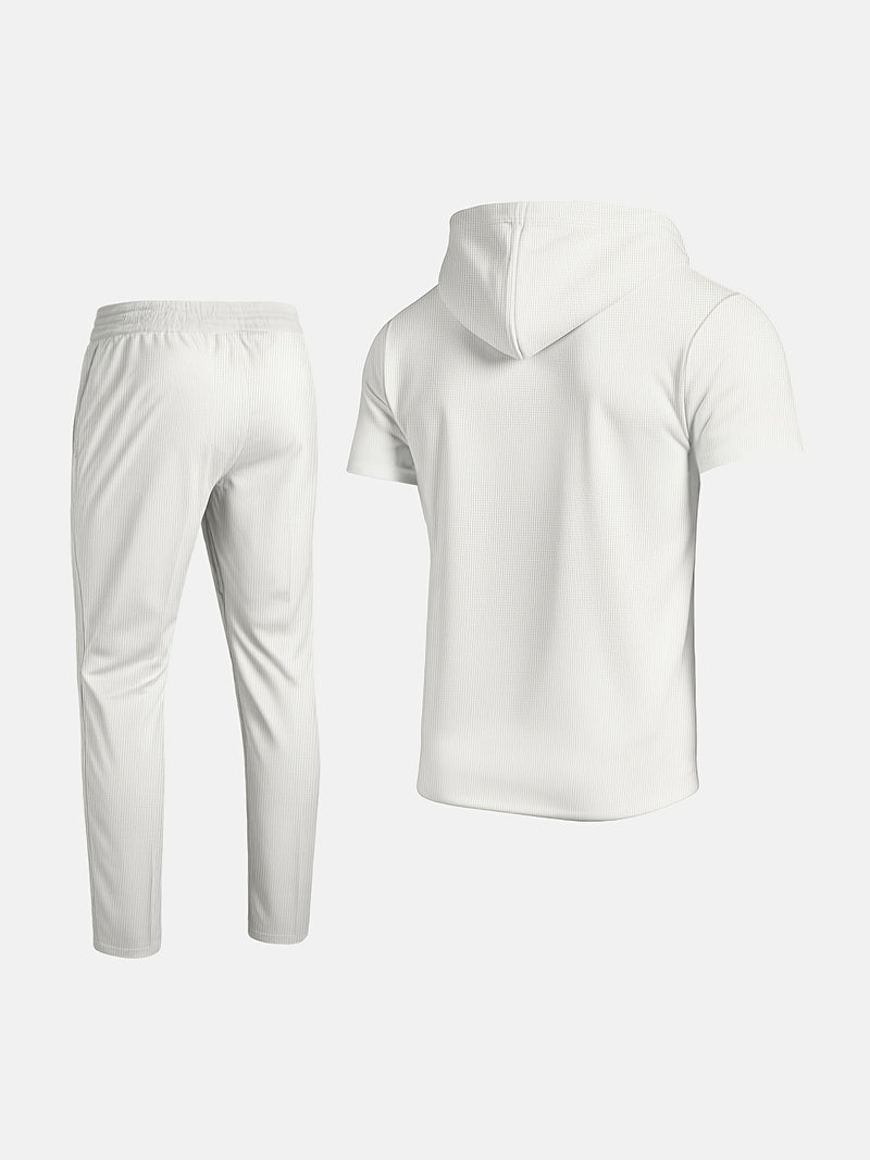Men's set short sleeved hooded top with drawstring elastic waistband.