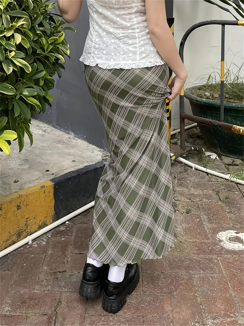 Women's Spring/Summer Floral Ruffle Hem Midi Skirt with Plaid Print.