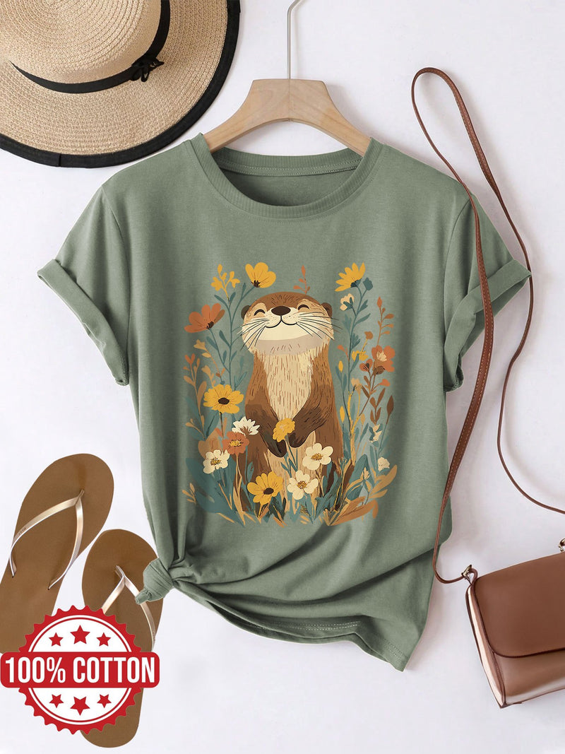 Women's Cute Otter & Floral Print T-Shirt.