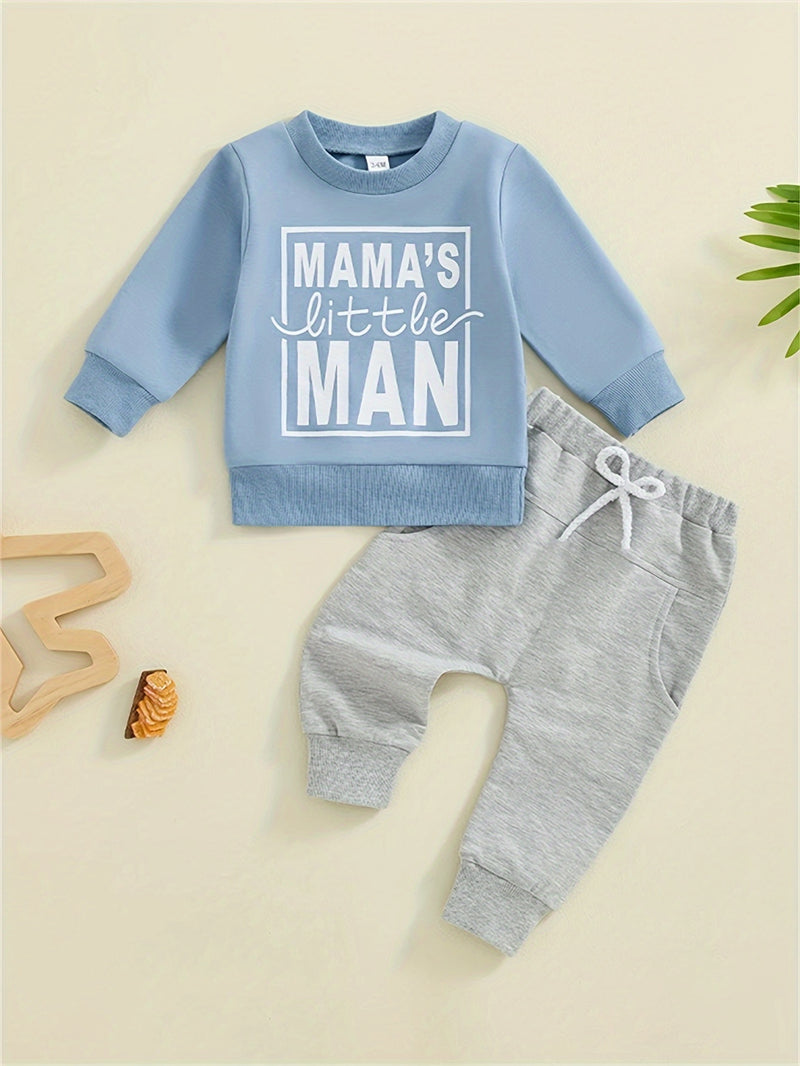 Baby Boy's Sweatshirt And Pants Set with 'Mom'S Little Man Print.