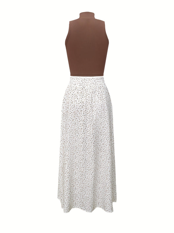 Women's Solid Color Sleeveless Top with Ribbed and Floral Skirt 2pcs Set.
