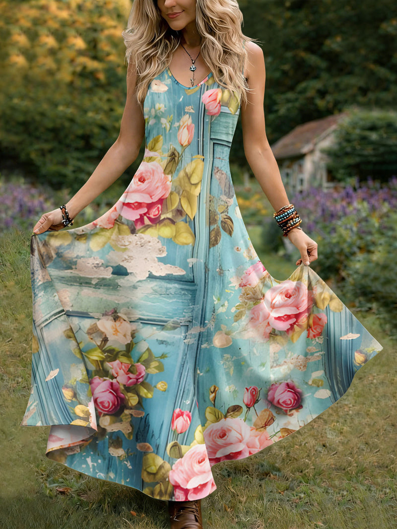 Women's Vintage Style Sleeveless Dress with Floral Design.