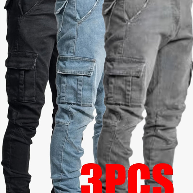 Men's Casual Multi-Pocket Stretchy Denim Pants Set of Three.