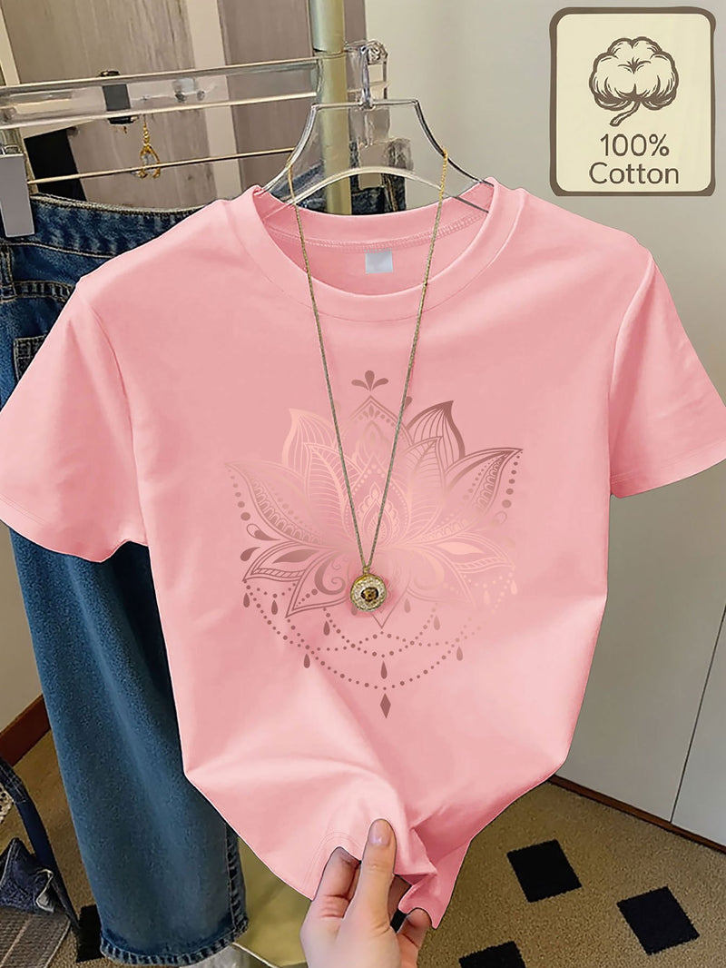 Women's Casual Home Printed Round Neck Pure Short Sleeve.