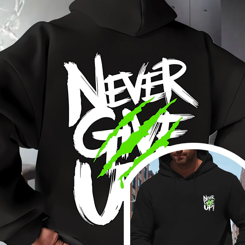 Men's Red Hoodie with "Never Give Up" Print.