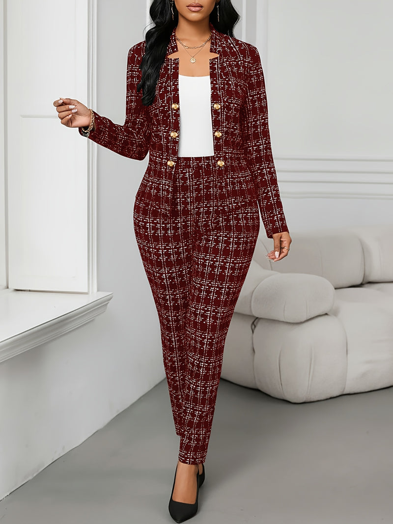 Women’s Elegant Plaid Suit Two-Piece Set with Front Double.