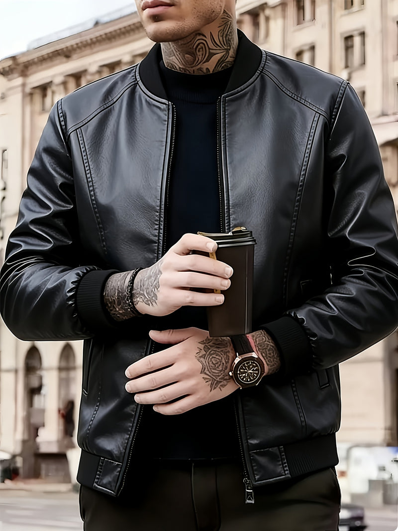 Men'S Fashionable Windproof Black Faux Leather Jacket | Zipper Closure.