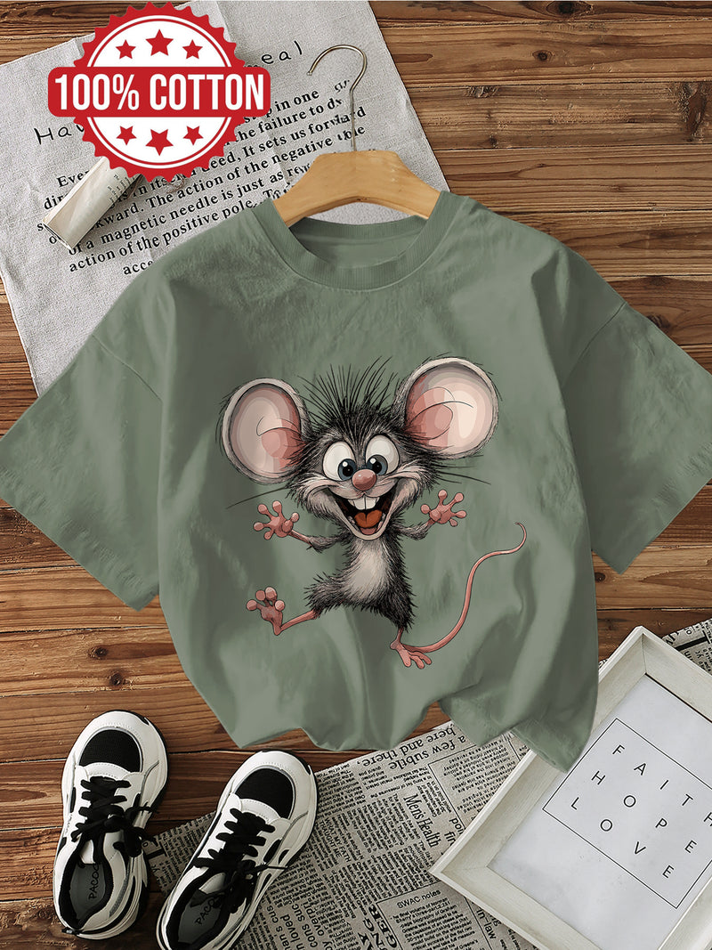 Women's Cotton Cartoon Mouse Graphic Print T-Shirt.