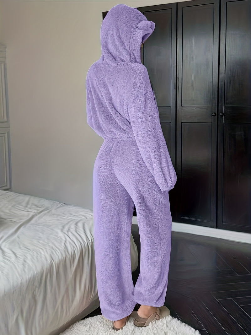 Women's Khaki Fluffy Casual Loose Double-Sided Fleece Set.