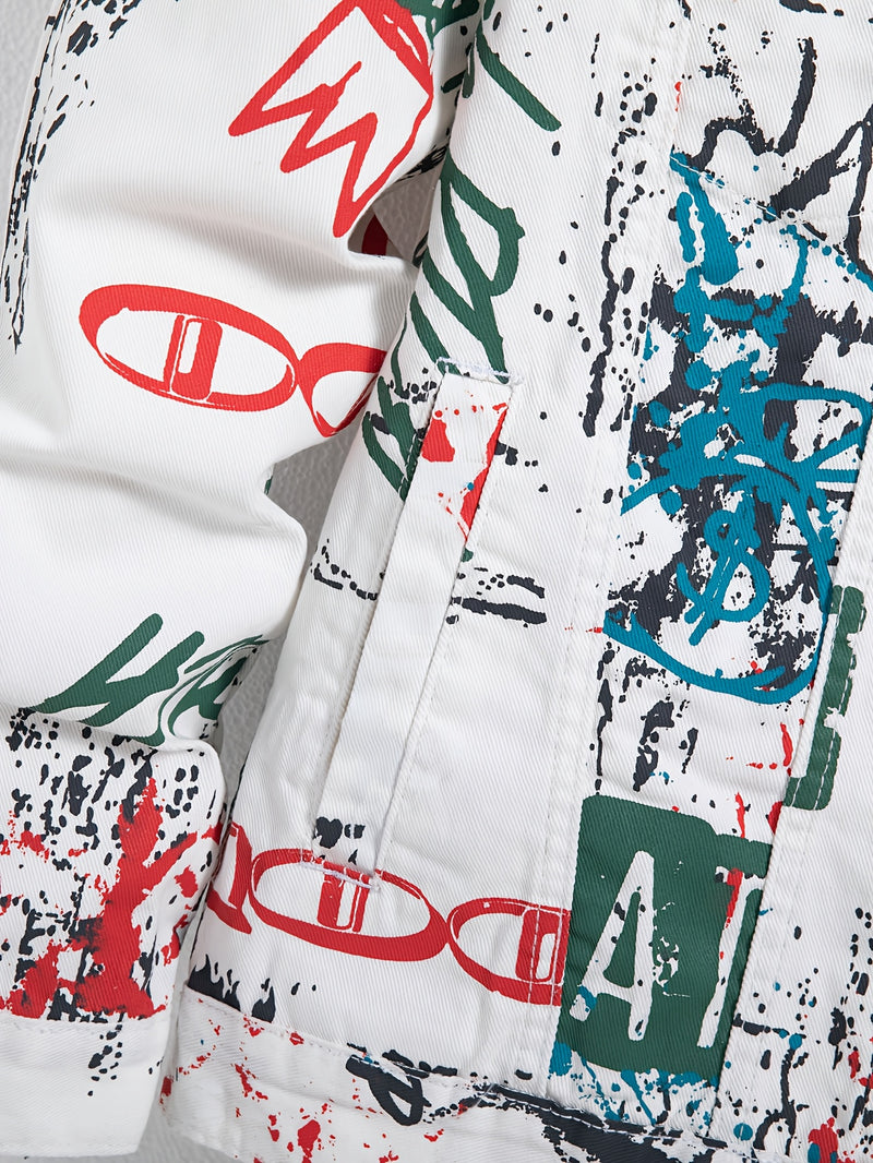 Men's Streetwear Faux Denim Jacket with Random Graffiti Print.