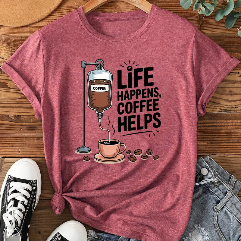 Women's Coffee-Themed T-Shirt with "Coffee Helps" Slogan.