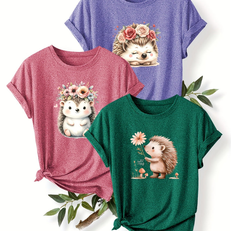 3pcs Women's Cute Hedgehog Graphic T-Shirts.