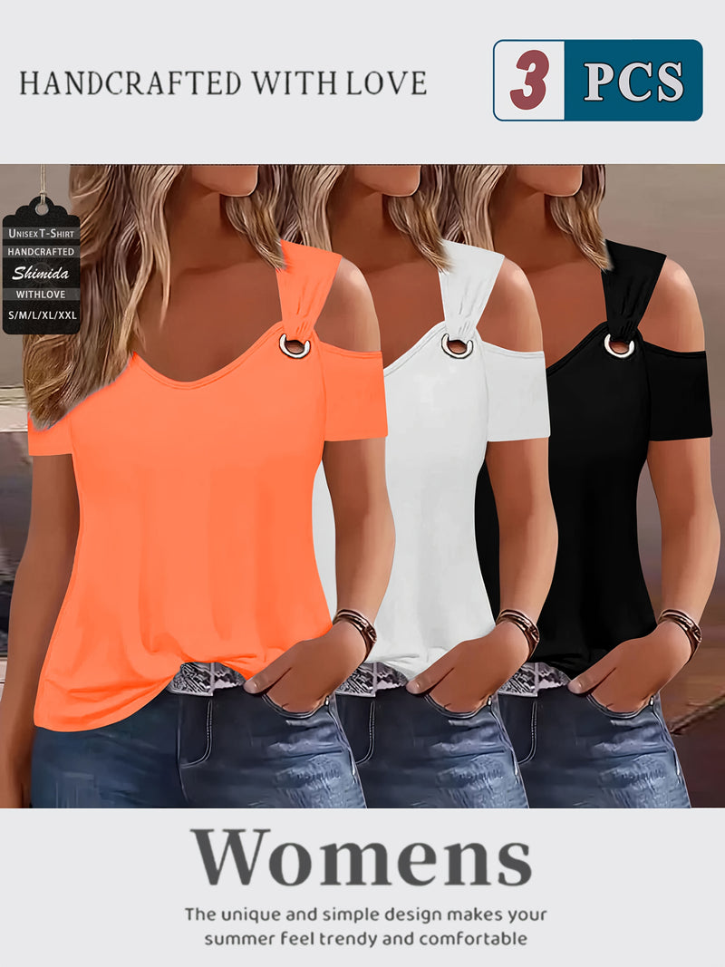 Three-Piece Summer Off-Shoulder Short-Sleeve T-Shirt for Women.