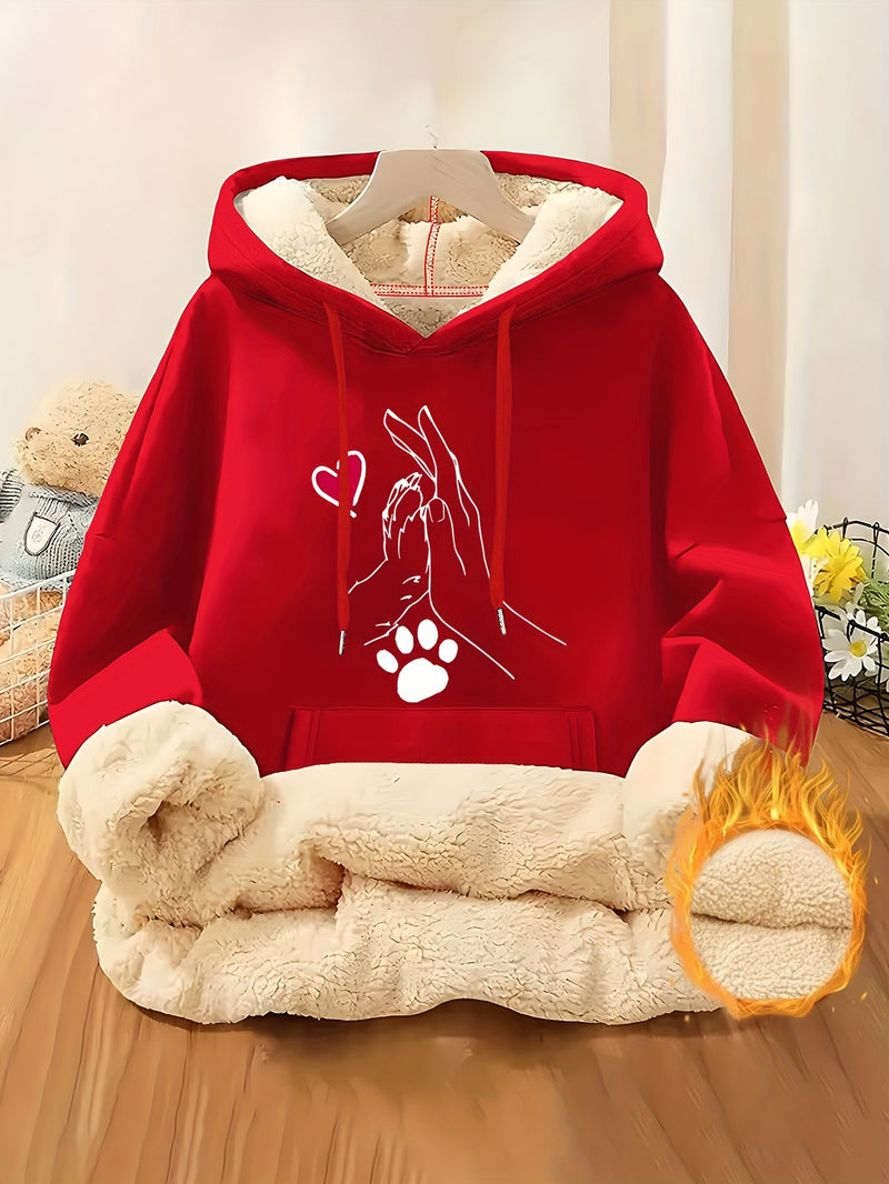 Women's Cozy Fleece-Lined Hoodie with Heart & Paw Print Design.