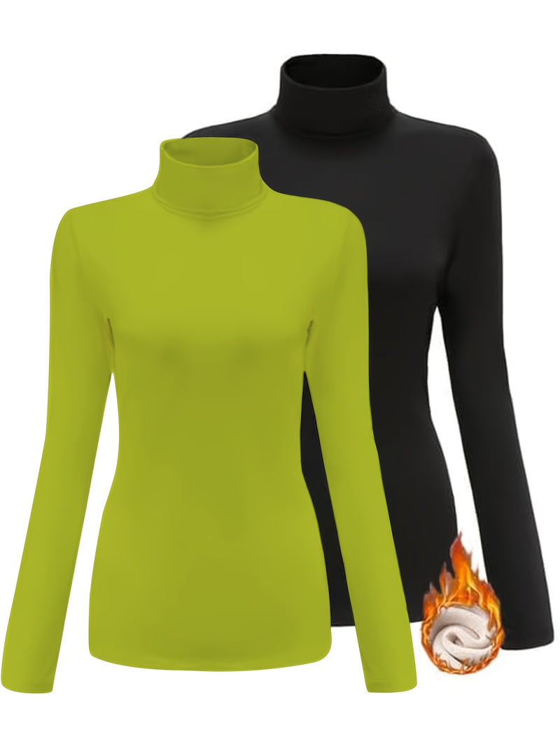 Women's High Collar T-Shirt Autumn And Winter Fleece Lining Warm Long-Sleeved.