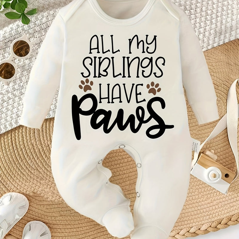 All My Siblings Have Paws Letter Print Newborn Romper Footed Bodysuit for Babies.