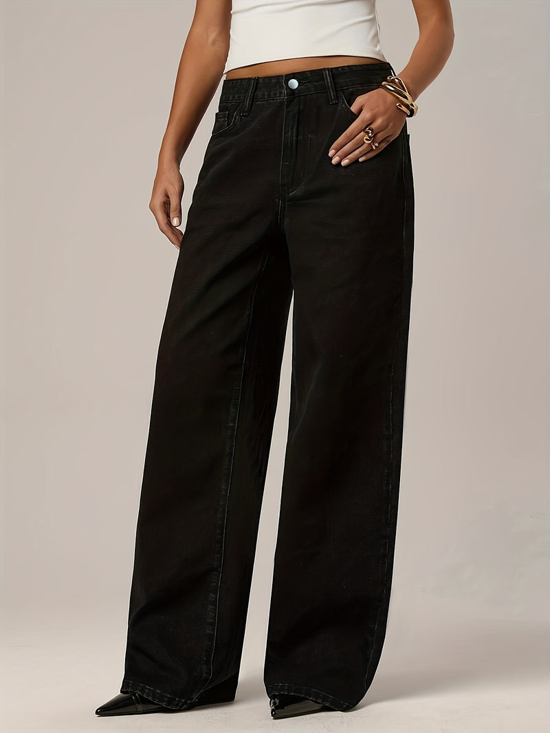 Black Stretchy Denim Wide-Leg Pants for Women.