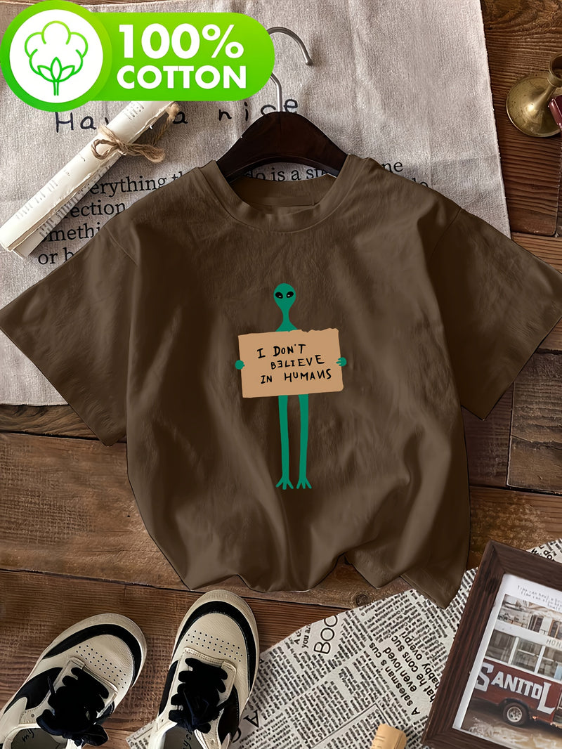 Women's Alien & "I Don't Believe in Humans" Slogan T-Shirt.