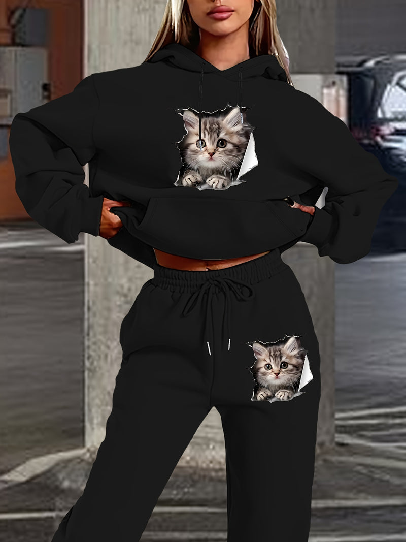Women's Polyester Hooded Tracksuit with Cat Print.