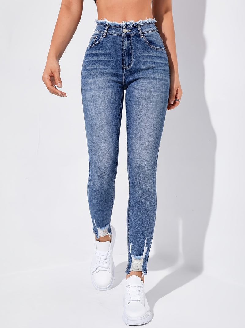 Women's Ripped Skinny Jeans with Frayed Edges.