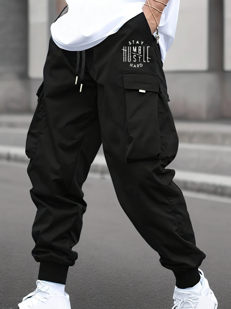 Men's Casual Cargo Pants with Multiple Pockets & Letter Print.