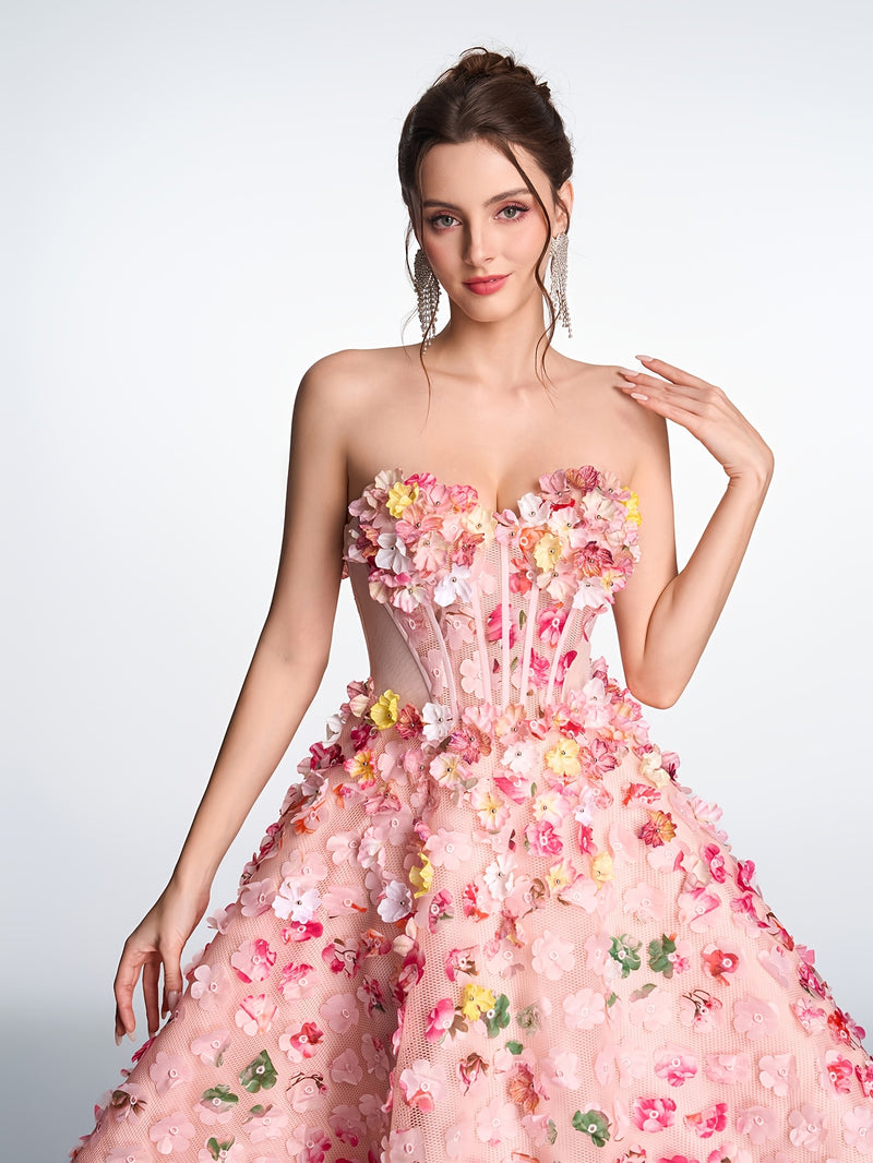 Women's Strapless 3D Floral Embellished Pink Tulle A-Line Midi Gown.