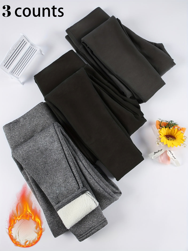 3pcs -Lined Solid Color Skin-Tight Leggings, Autumn/Winter.