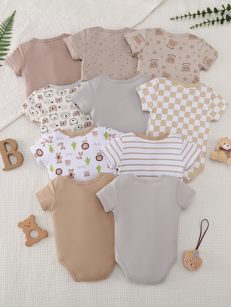 10pcs Boys' Onesies Set - Short Sleeve Snap-Fit Rompers with Bear & Animal Print.