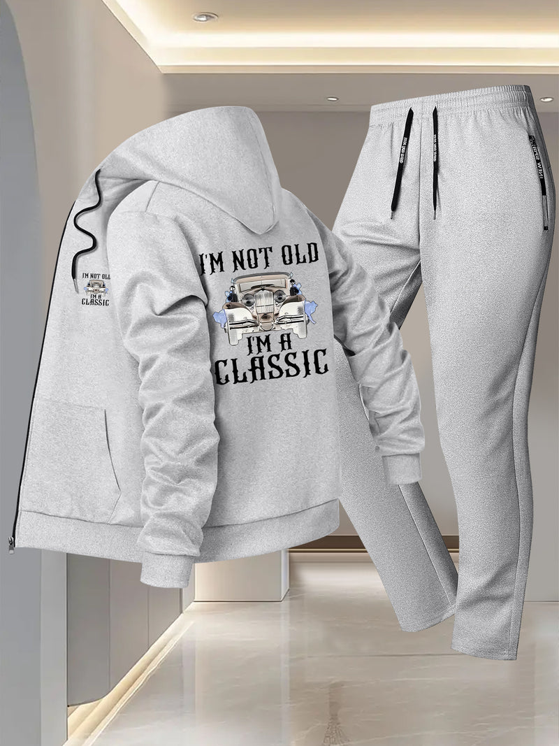 Men's Vintage Car Print 2pcs Suit Set - Slim-Fit Hooded Jacket & Pants.