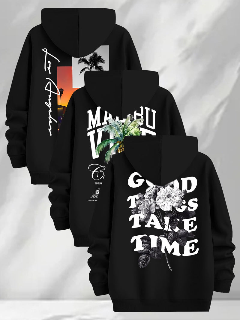 3pcs Trendy Print Sweatshirt, Men's Casual Hooded Sweatshirt.