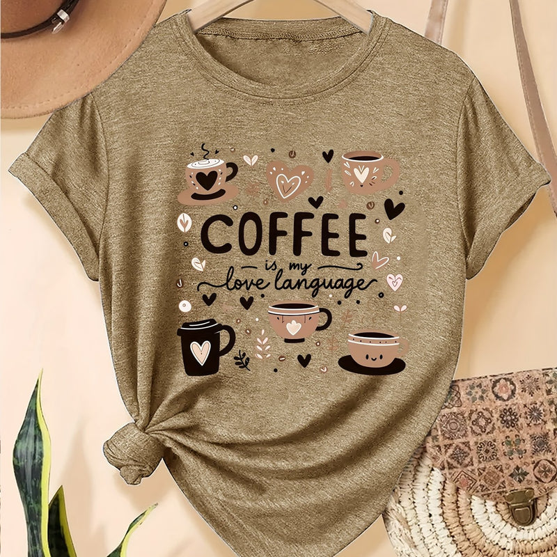 Elegant Women's Short-Sleeve T-Shirt with Coffee-Themed Prints.