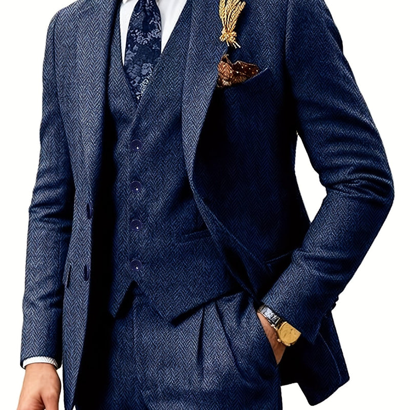 Men's Three-Piece Suit Made of Blended Herringbone Fabric.