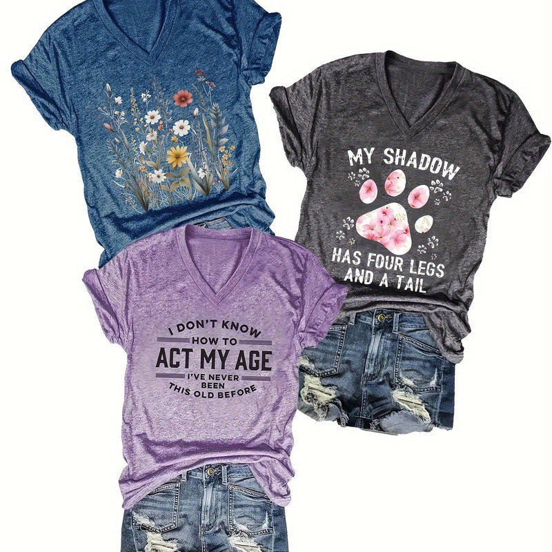 3pcs Women's V-Neck T-Shirts - Casual Short Sleeve.