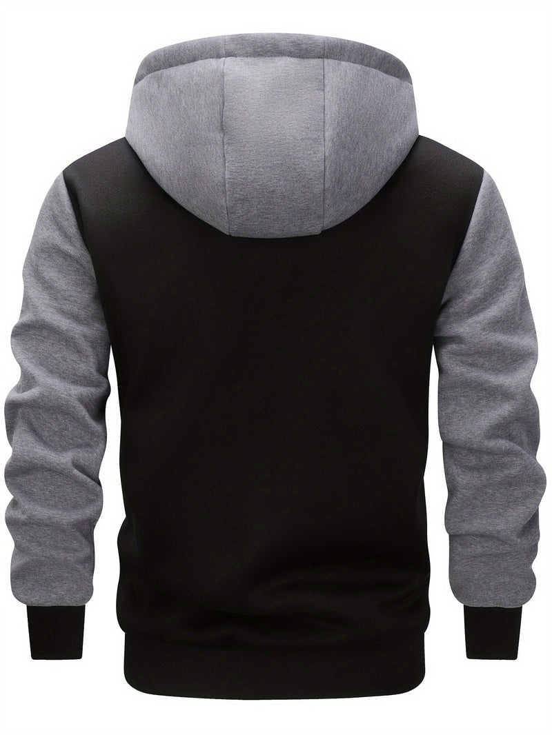 Men's Color Blocking Letters Pattern Hooded Baseball Jacket, Casual Stylish Outdoor.