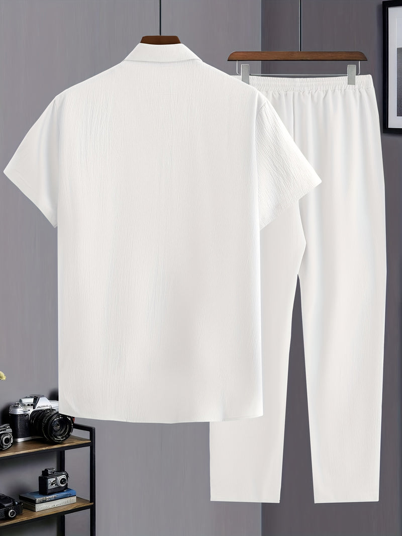 Men's Casual Solid Color Suit Collar Shirt and Trousers Set.