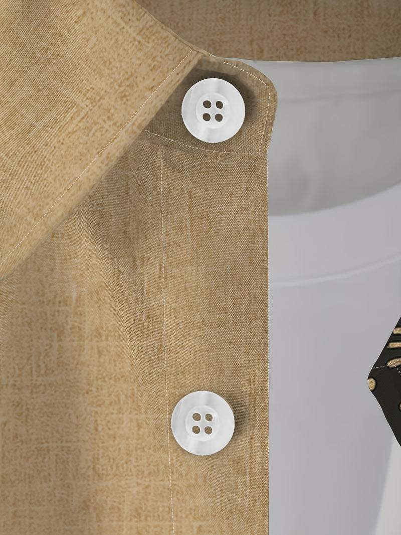 Men's Big & Tall Light Khaki Short-Sleeve Shirt with Black Ethnic Tribal Print.