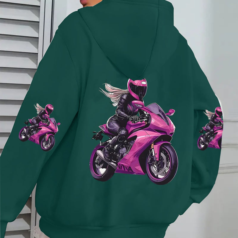 Ladies' Zipper Hoodie, Handsome Female Rider Cycling Pattern.