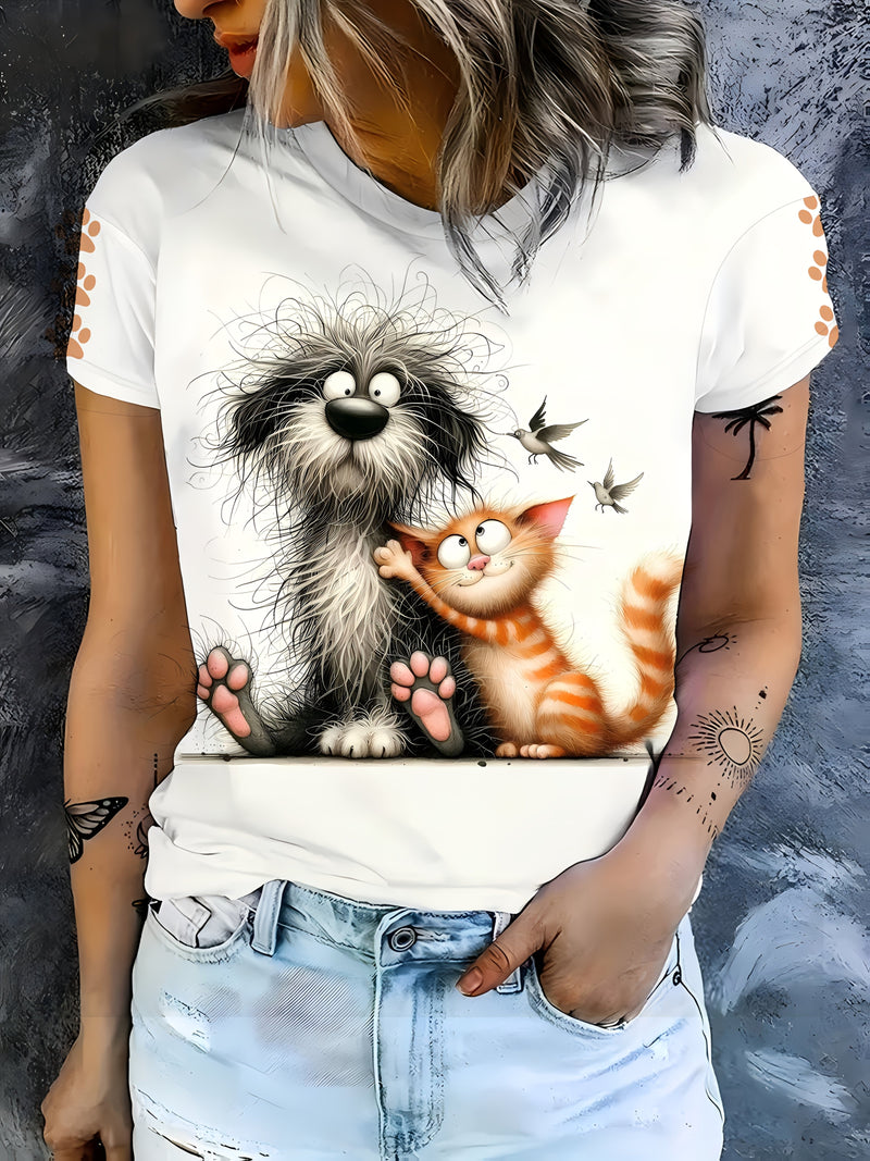 Women's Cute Pet Lover T-Shirt - Dog & Print Short Sleeve Crew Neck Top.