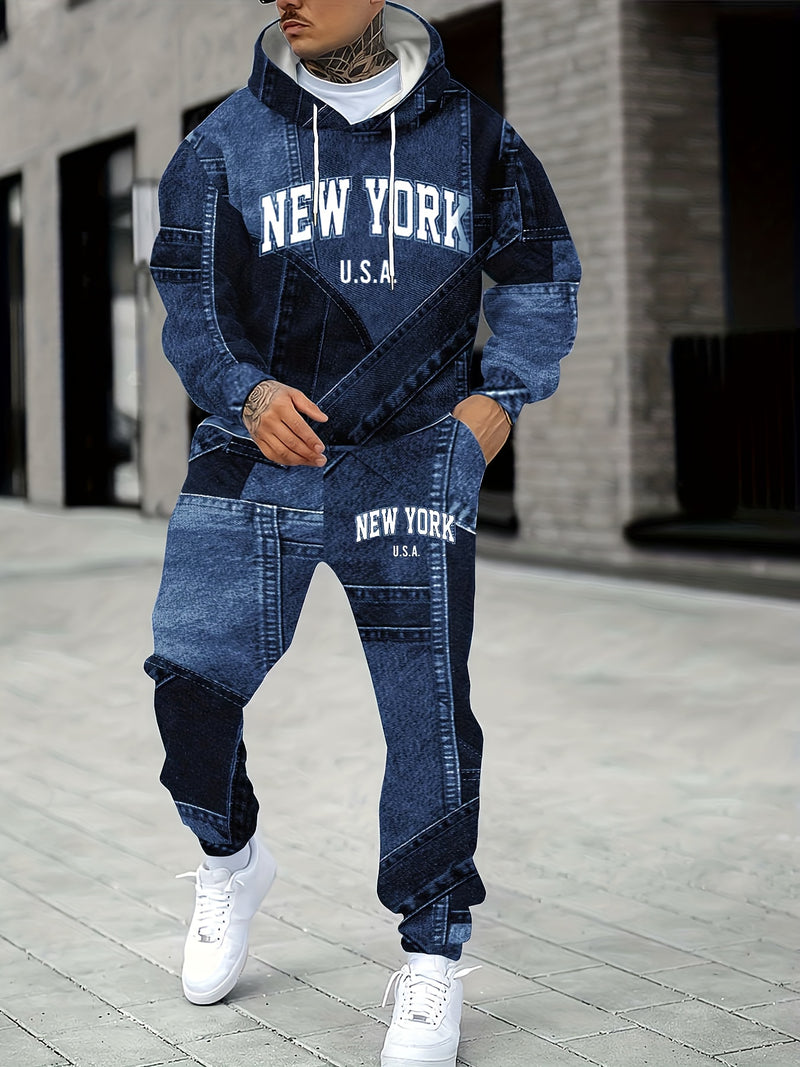 Men's Autumn Lettered Faux Denim Effect Hoodie And Sweatpants Two-Piece.
