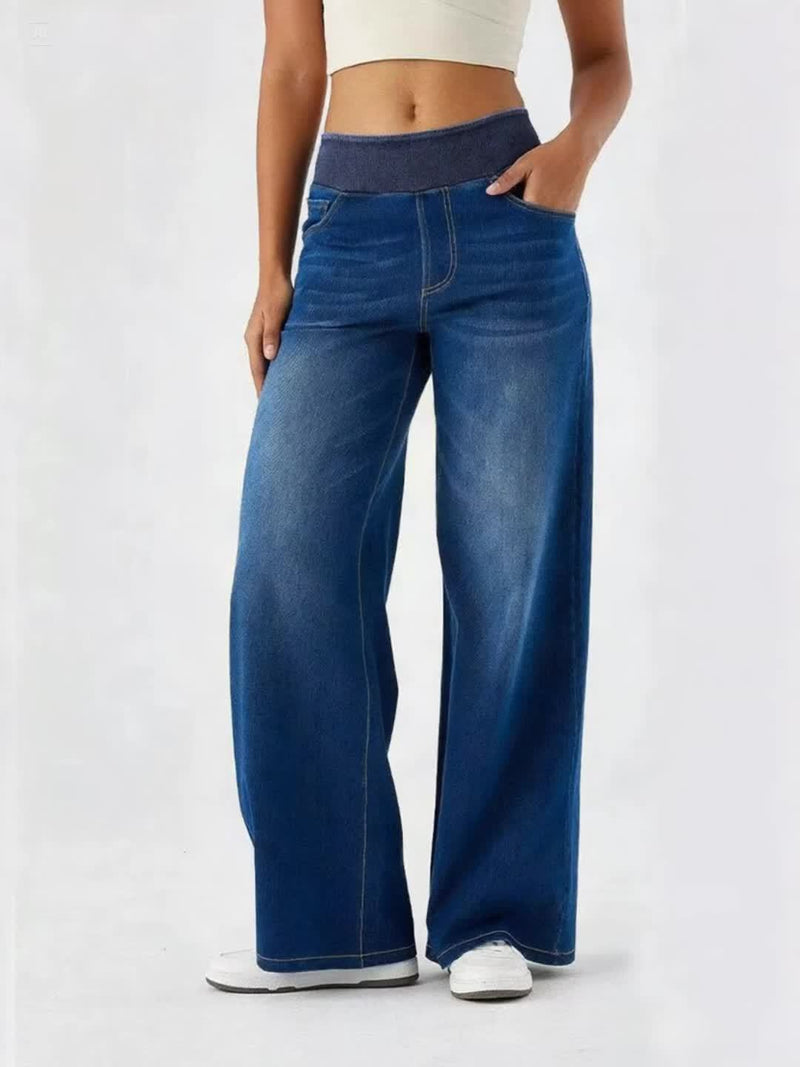 Women's Elastic Waist High-Waisted Wide-Leg Jeans.