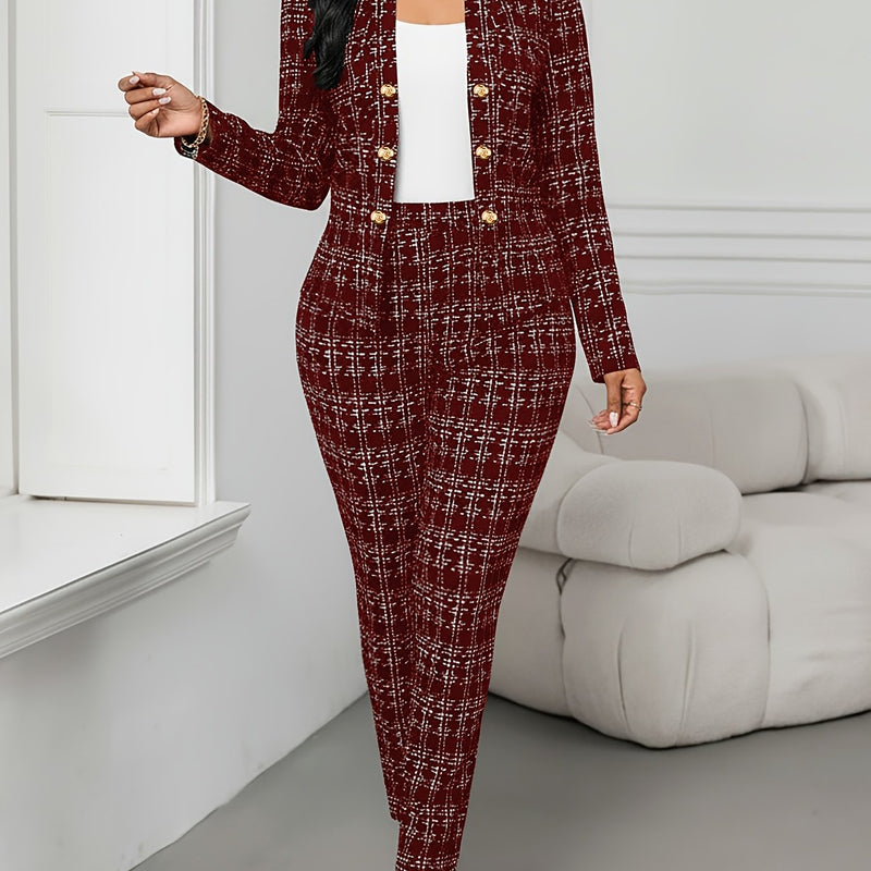 Women’s Elegant Plaid Suit Two-Piece Set with Front Double.