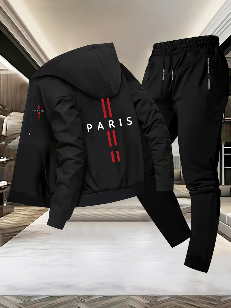 Men'S Trendy Fall/Winter Hooded Jacket and Pants Set, Paris Casual Business.