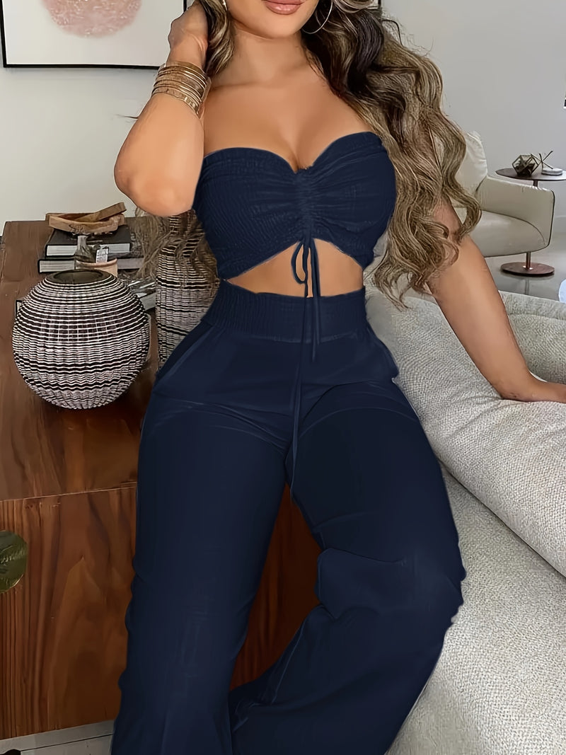 Women’s Two-Piece Set Featuring a Sleeveless Drawstring Crop Top Paired with Long Pants.