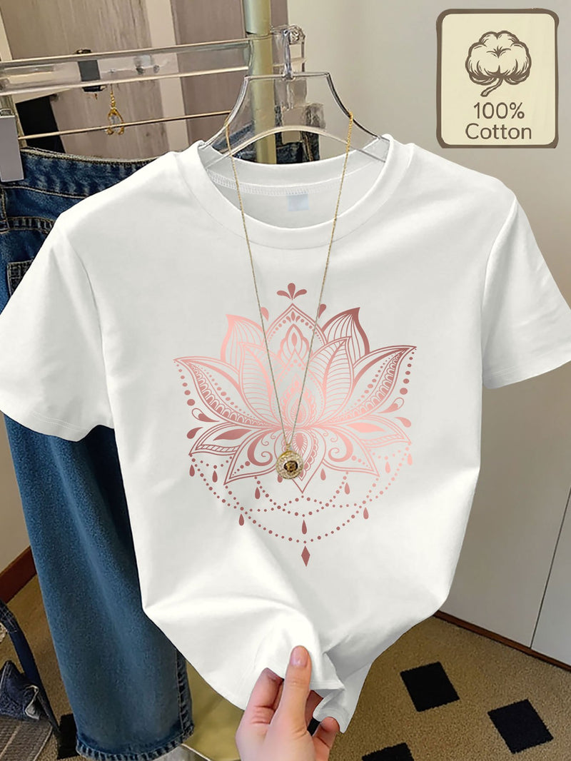 Women's Casual Home Printed Round Neck Pure Short Sleeve.