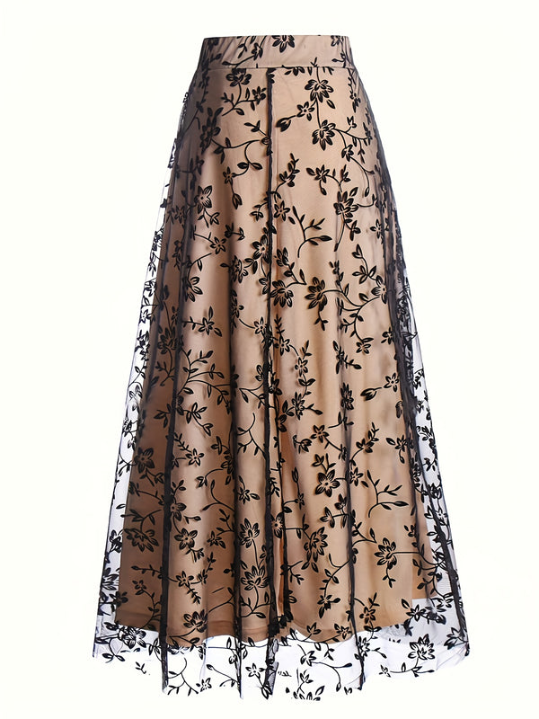 Elegant New High-Waisted Mesh Embroidered Skirt Loose A-Line Dress for Women.