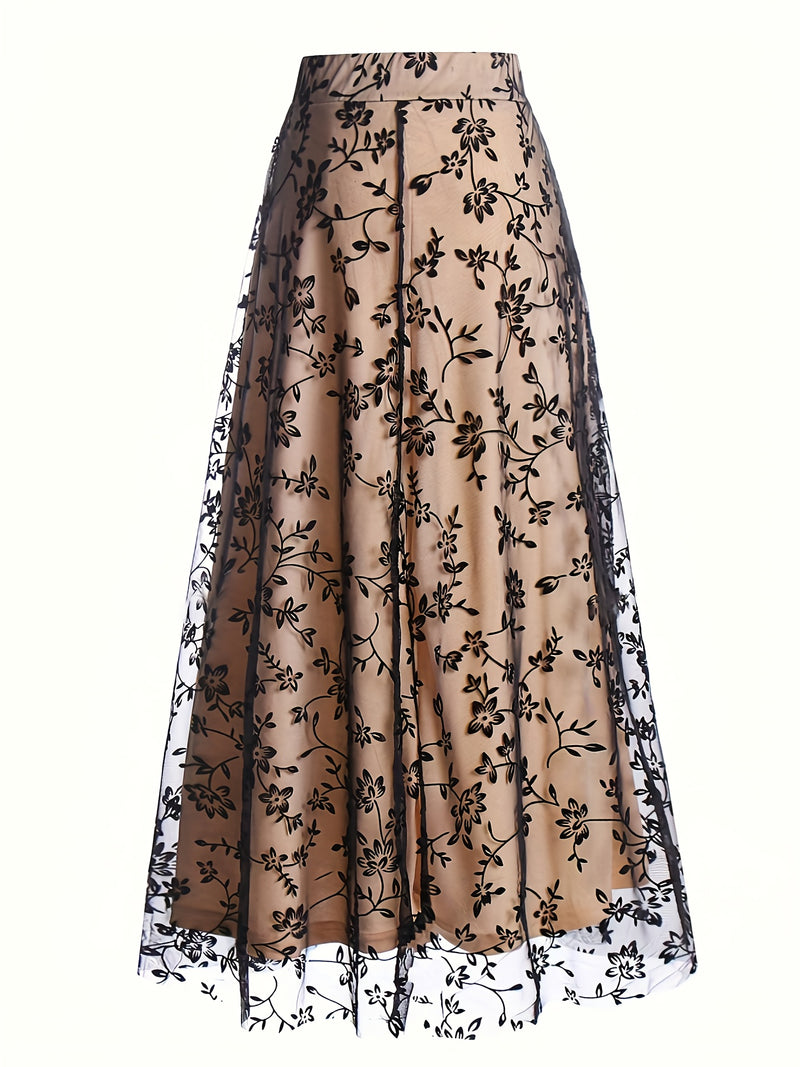 Elegant New High-Waisted Mesh Embroidered Skirt Loose A-Line Dress for Women.