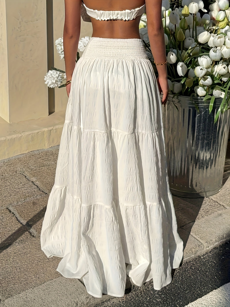 Women's Elegant Solid Color Pleated Waist A-Line Maxi Skirt.