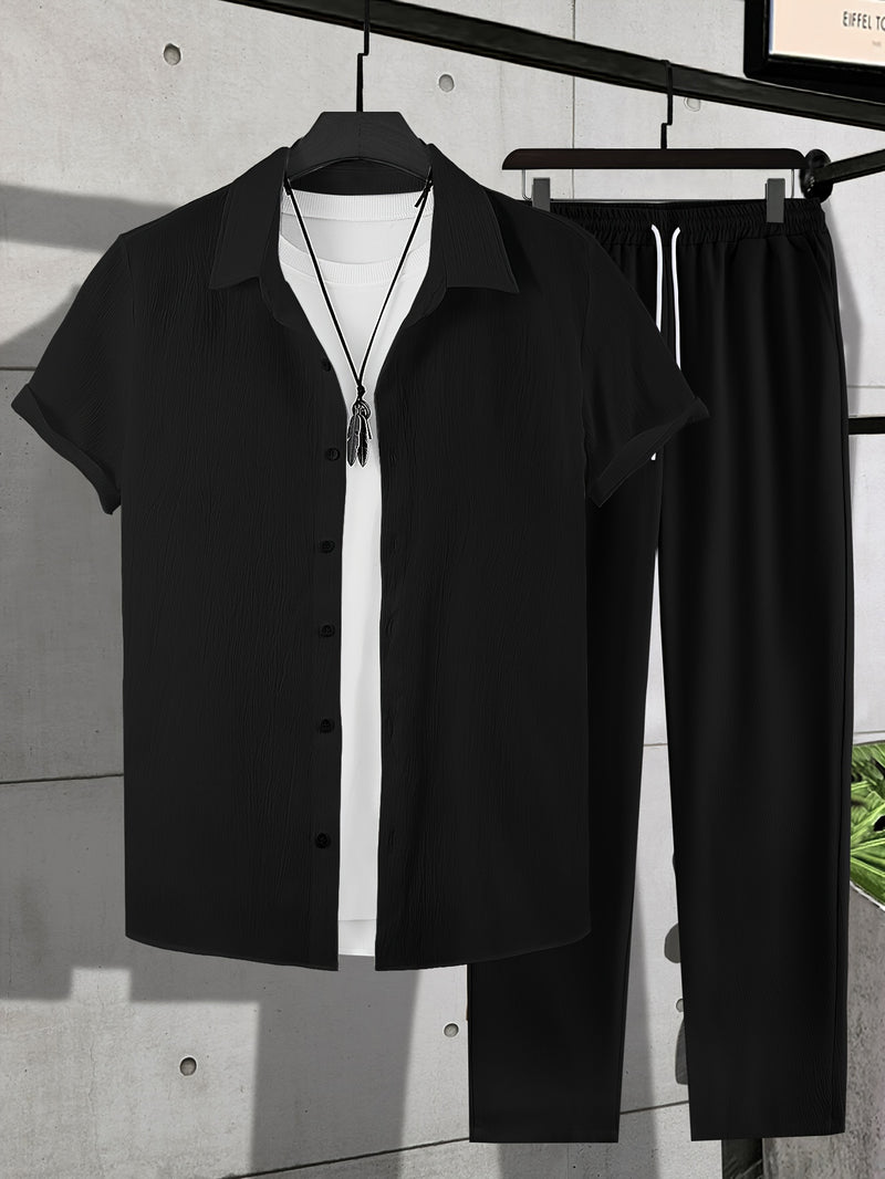 2pcs Men's Casual Short-sleeve Lapel Shirt and Trousers Set.