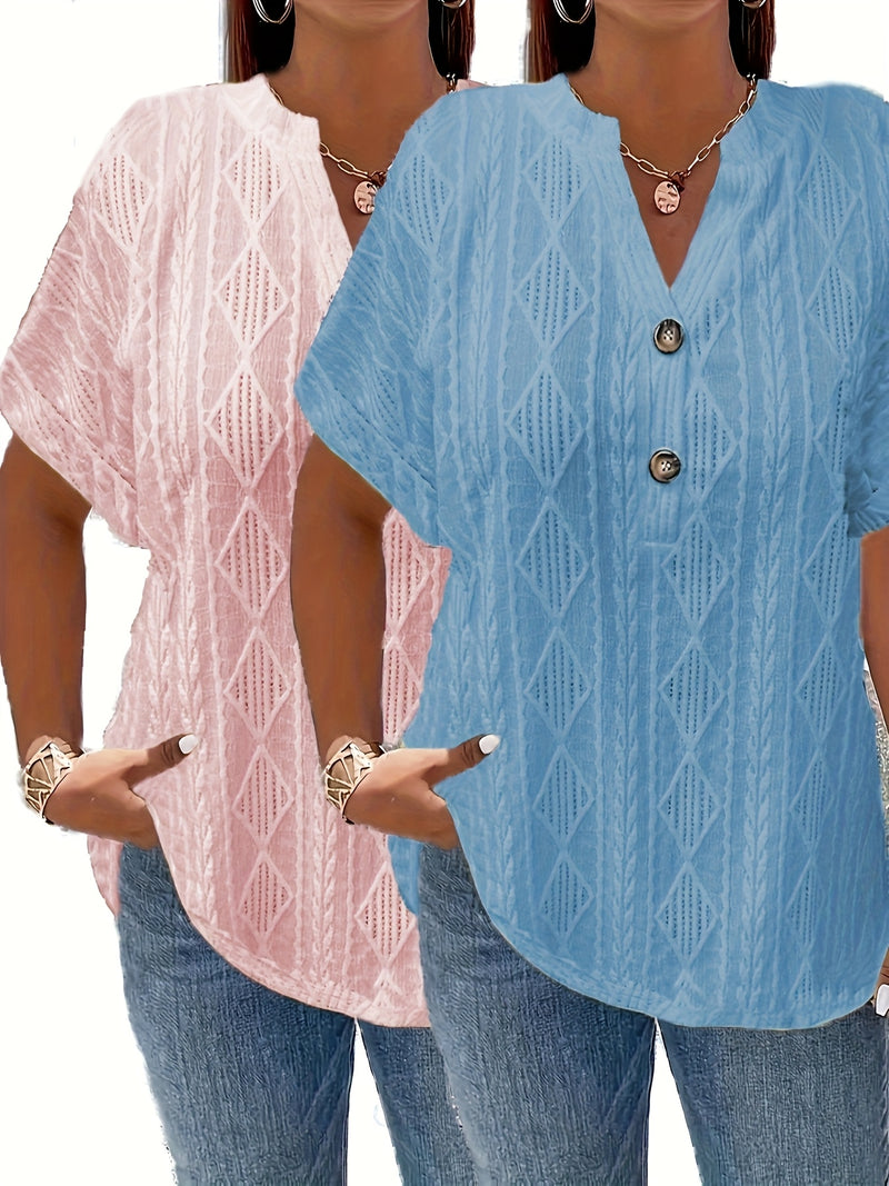 Women's Short-Sleeve V-Neck Solid Color Jacquard Hollow-Out Two-Piece T-Shirt.